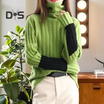 Женский зимний осенний свитер, водолазка, защита шеи, длинный рукав, вязаный теплый толстый мягкий пуловер, цветной блок, лоскутный женский свитер M зелёный
