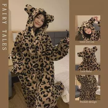 Женский зимний пижамный комплект с капюшоном и леопардовым принтом — коралловый флис, очень плотный, состоящий из двух частей с брюками-ночнушкой, идеально подходит для дома и улицы. L
