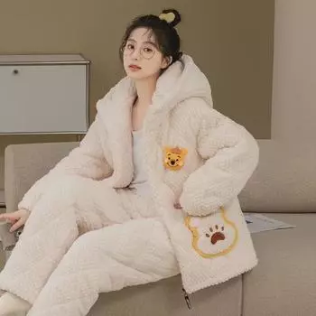 Женский зимний пижамный комплект - трехслойная стеганая, толстый бархатистый коралловый флис, теплый и милый дизайн с изображением медведя L: Height 160-165CM, Weight 100-120 lbs