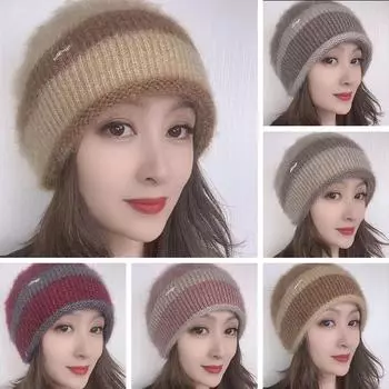 Женский зимний полосатый вязаный берет - двухслойный, теплый и мягкий M бежевый