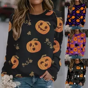 Женский зимний повседневный свободный топ с круглым вырезом и длинными рукавами с милым принтом на Хэллоуин XL фиолетовый