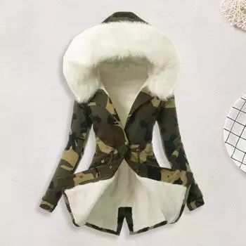 Женский зимний пуховик с искусственным мехом, флисовой подкладкой, застежкой-молнией на кнопках, ветрозащитная куртка средней длины с камуфляжным принтом, приталенная верхняя одежда S розовый