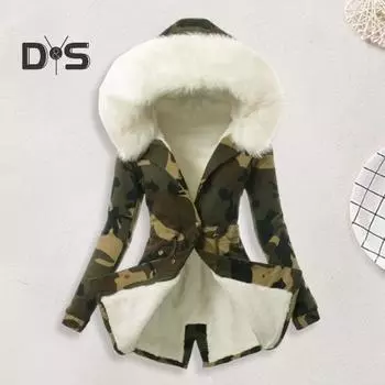 Женский зимний пуховик с искусственным мехом, флисовой подкладкой, застежкой-молнией на кнопках, ветрозащитная куртка средней длины с камуфляжным принтом, приталенная верхняя одежда S белый