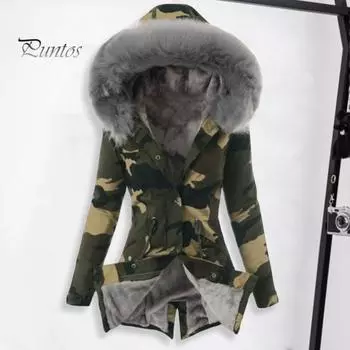 Женский зимний пуховик с искусственным мехом, флисовой подкладкой, застежкой-молнией на кнопках, ветрозащитная куртка средней длины с камуфляжным принтом, приталенная верхняя одежда S розовый