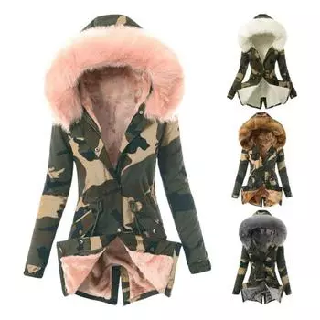 Женский зимний пуховик с искусственным мехом, флисовой подкладкой, застежкой-молнией на кнопках, ветрозащитная куртка средней длины с камуфляжным принтом, приталенная верхняя одежда S розовый