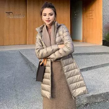 Женский зимний пуховик с капюшоном, утепленный, однотонный, средней длины, облегающий, большого размера, с длинными рукавами, застежкой-молнией, ветрозащитная теплая куртка M синий