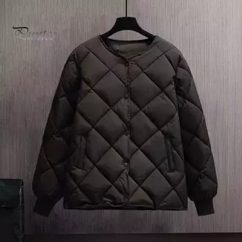 Женский зимний пуховик с ромбовидной текстурой, толстыми карманами с подкладкой, длинными рукавами, однотонная однобортная куртка с эластичными манжетами S кофейный