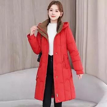 Женский зимний пуховик с утолщенной подкладкой, капюшоном, карманами, застежкой-молнией до колена L бежевый