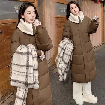 Женский зимний пуховик средней длины с отделкой из овечьей шерсти и утепленным пальто длиной до колена S кофейный