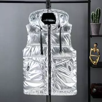 Женский зимний пуховый хлопковый жилет, блестящий жилет средней длины, теплый жилет, пальто S серебряный