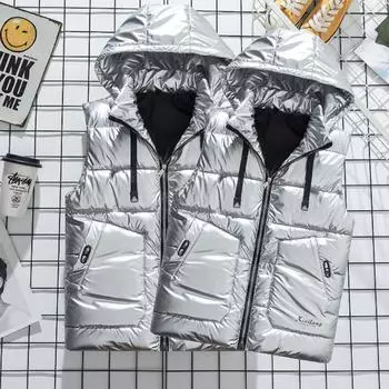 Женский зимний пуховый хлопковый жилет, блестящий жилет средней длины, теплый жилет, пальто S серебряный