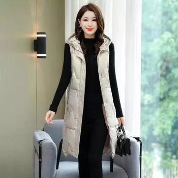 Женский зимний яркий теплый жилет с капюшоном, однотонный жилет до колена большого размера с капюшоном 5XL