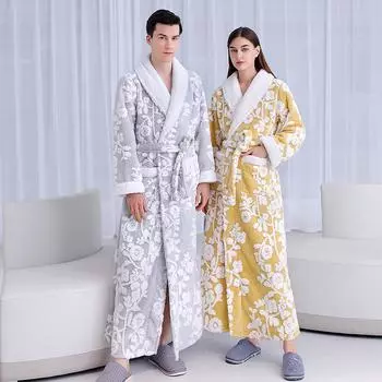 Женский зимний роскошный халат, пушистый флисовый халат, длинный мягкий теплый халат для сна, пушистый домашний халат, уютный банный халат с жаккардом M