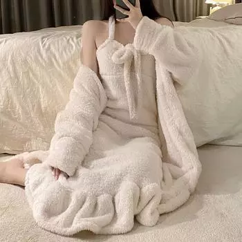 Женский зимний сексуальный банный халат, комплект из 2 предметов из кораллового бархата, комплект из 2 предметов, с длинным рукавом, со шнуровкой и открытой спиной, ночная рубашка для женщин M