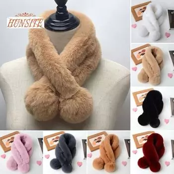 Женский зимний шарф, мягкий плюшевый шар, декор из искусственного меха, толстый, уютный, теплый для шеи, сплошной цвет, крест, ветрозащитный, термомоющийся, декоративный женский шарф на шею 70cm легкие хаки