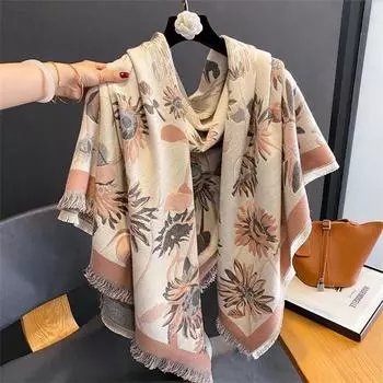 Женский зимний шарф с цветочным принтом из кашемира, теплая шаль и накидка, бандана, пашмина, женский платок, квадратное толстое одеяло, пончо