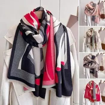 Женский зимний шарф, термоветрозащитный, широкий, длинный, с цветными блоками, утолщенный, мягкий, роскошный, легкий, защита шеи, солнцезащитный крем, женская дорожная шаль розовый