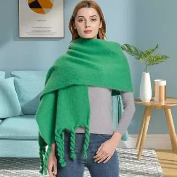 Женский зимний шарф, толстый теплый шарф с кисточками, универсальный однотонный цвет, пашмина для чёрный