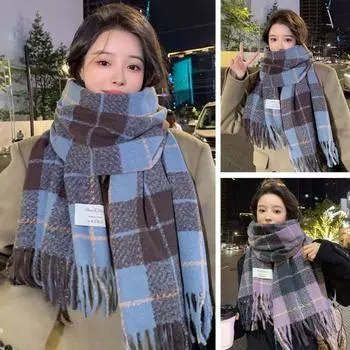 Женский зимний шарф в клетку с принтом, соответствующий цвету, с кисточкой, толстый плюшевый, теплый, мягкий, ветрозащитный, защита шеи, декоративная моющаяся женская накидка на шею 200 фиолетовый