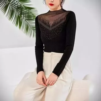 Женский зимний свитер 2024 года из шелковой шерсти с длинными рукавами, полувысоким воротником и ромбовидной отделкой 120 коричневый