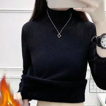Женский зимний свитер большого размера из утолщенного бархата с полуводолазкой, нижняя часть рубашки, теплый тонкий вязаный свитер внутри однотонных топов 3XL