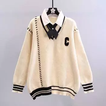 Женский зимний свитер JK с длинным рукавом и V-образным вырезом, большой размер, повседневный, с длинным рукавом, большой размер, трикотажные топы в стиле колледжа 2XL