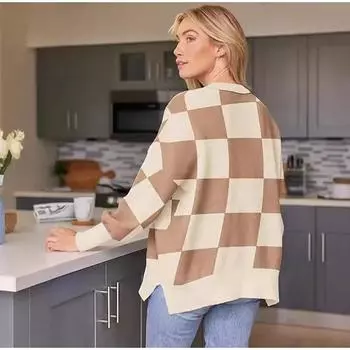 Женский зимний свитер оверсайз с длинными рукавами, цветными блоками, круглым вырезом и боковыми разрезами, удобный свободный вязаный свитер-пуловер S