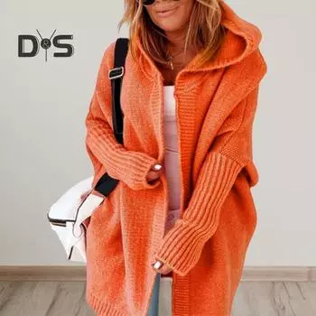 Женский зимний свитер, пальто, свободный вязаный свитер с капюшоном и длинными рукавами, толстый, теплый, морозостойкий, мягкий, с открытой строчкой, эластичный женский кардиган, пальто XL оранжевый