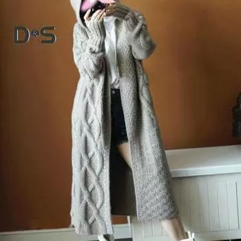 Женский зимний свитер, пальто, трикотажное, толстое, с капюшоном, с длинным рукавом, длиной до середины голени, свободный кардиган с открытой строчкой, однотонный, мягкий, свободного покроя, миди, осенняя куртка чёрный