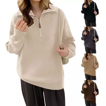 Женский зимний свитер-пуловер с полумолнией и лацканами One Size чёрный