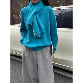 Женский зимний свитер-пуловер Taochuan с круглым вырезом и шарфом - мягкий трикотажный верх MB701 One Size красный