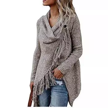 Женский зимний свитер с длинным рукавом и V-образным вырезом с кисточками L зелёный