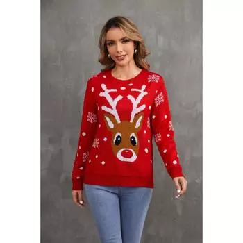 Женский зимний свитер с круглым вырезом и рисунком из мультфильма S красный