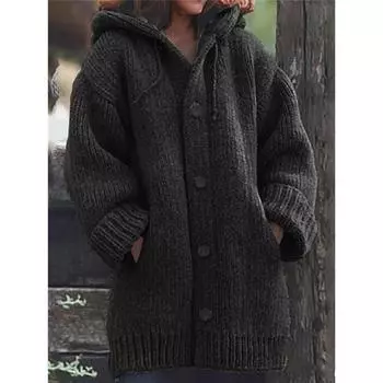 Женский зимний свитер средней длины больших размеров с капюшоном M хаки