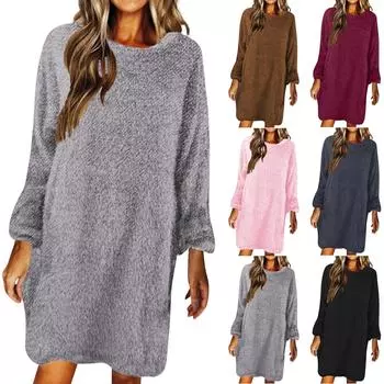 Женский зимний свитер вязать с круглым вырезом Теплый повседневный свитер с длинным рукавом Платье XXL