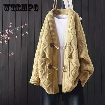 Женский зимний свитер, женский осенний свободный вязаный кардиган большого размера с роговыми пуговицами, универсальный утолщенный вязаный кардиган XXL