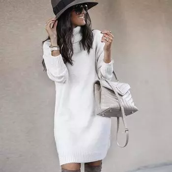 Женский зимний свободный свитер длиной до колена с длинными рукавами, осенний теплый трикотажный повседневный свитер средней длины с высоким воротом и юбкой XXXL белый