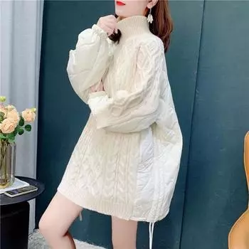 Женский зимний свободный свитер с воротником-стойкой, утолщенный, теплый, свободный, ленивый, однотонный, повседневный, вязаный топ с переплетением L чёрный