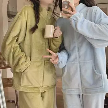 Женский зимний теплый фланелевый бархатный пижамный комплект на молнии M