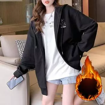 Женский зимний теплый кардиган на молнии с капюшоном свободного размера с капюшоном 3XL