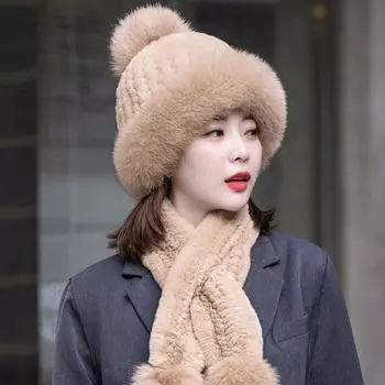 Женский зимний теплый комплект из двух частей: шарфа и шапки, соломенная шапка с нитью из шерсти кролика Рекс, шарф из натуральной шерсти separate scarf хаки