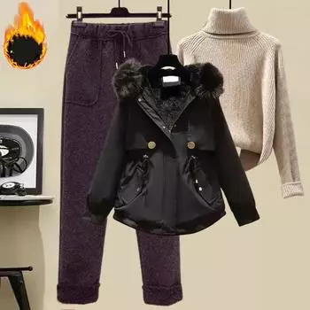 Женский зимний теплый костюм, свитер с высоким воротом + хлопковое пальто с воротником-стойкой + повседневные брюки из твида, комплект из трех предметов 4XL