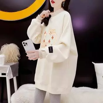 Женский зимний теплый пуловер, длинный свободный топ с принтом 3XL