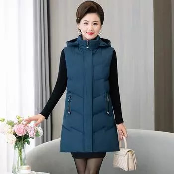 Женский зимний теплый жилет с капюшоном, однотонный, воротник-стойка, жилет без рукавов больших размеров, тонкий жилет 5XL