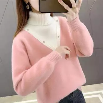 Женский зимний толстый вязаный свитер с высоким воротом, женский джемпер с длинным рукавом, модный свободный теплый топ S белый