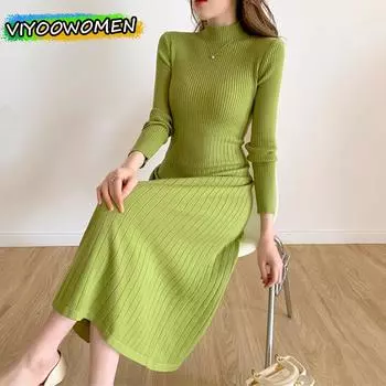 Женский зимний трикотажный свитер Knti, длинное платье до колена, юбки-трапеции, платье, водолазка, свитер для женщин, корейская модная одежда OneSize зелёный
