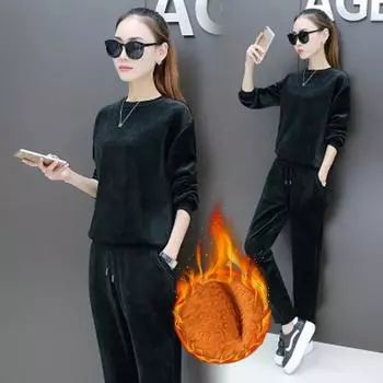 Женский зимний утепленный костюм для отдыха с круглым вырезом и длинным рукавом + теплые брюки, комплект из двух предметов 3XL