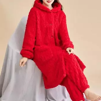 Женский зимний утепленный пижамный комплект, однотонный длинный топ с капюшоном и штаны, комплект из 2 предметов для женщин, домашняя пижама из кораллового флиса M