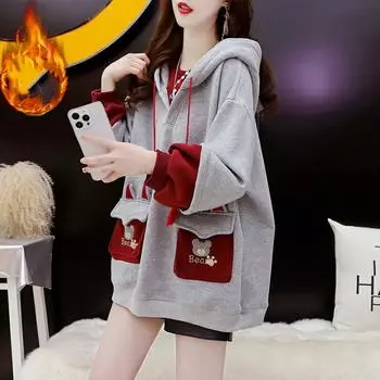 Женский зимний утолщенный теплый милый пуловер с капюшоном большого размера повседневный длинный рукав ретро длинный рукав 3XL