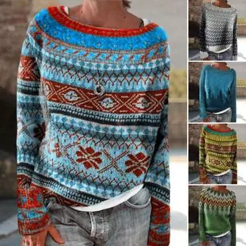 Женский зимний вязаный джемпер с круглым вырезом и длинным рукавом, цветной блок, свободный крой, дышащий теплый свитер-пуловер M